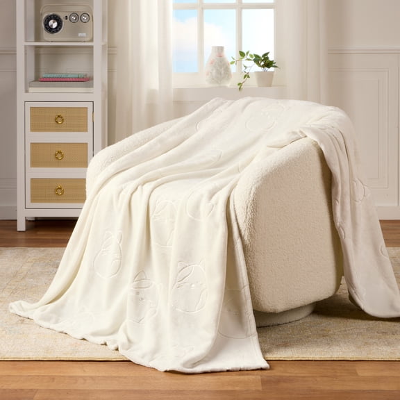 Squishmallows Cam Cat Oversized Luxe Embossed Throw Blanket, Cream, 50 x 70