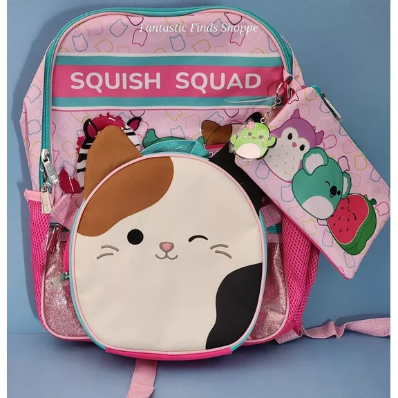 Squishmallows Cam the Calico Cat Squish Squad 5 Piece 16" Backpack Lunch Kit