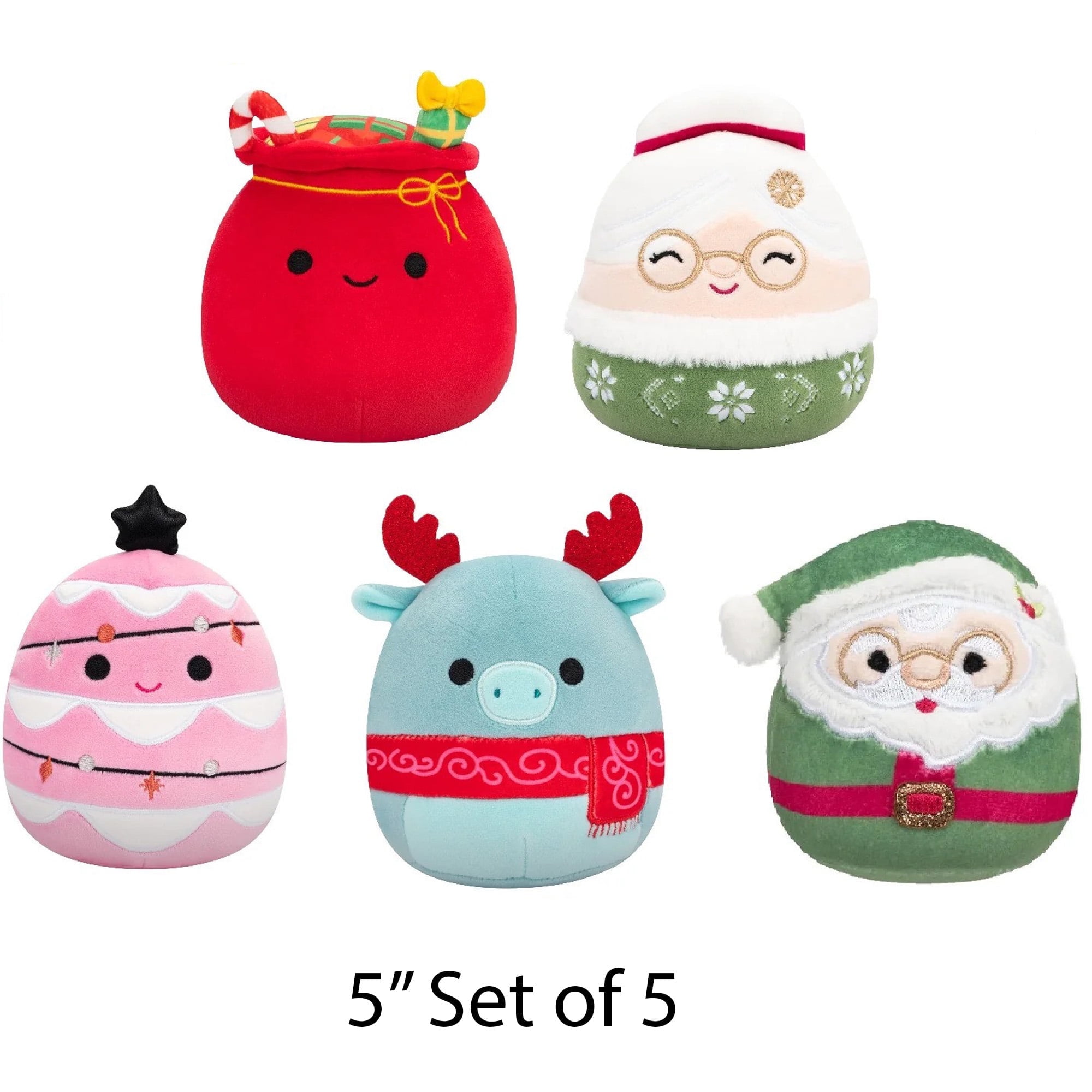 Squishmallows Christmas 5 inch Set of 5 Lowell Red Gift Bag, Mr Claus, Mrs Claus, Pink Christmas