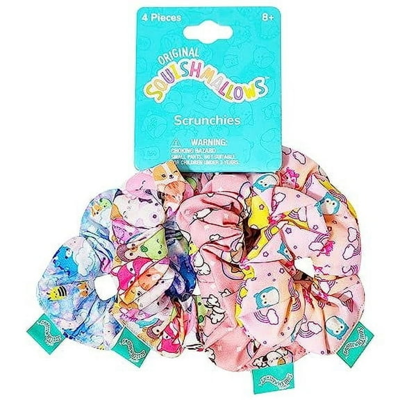 Squishmallows Cute Scrunchies for Girls of All Ages - 4 Large Hair Scrunchies for Girls - 4 Printed Scrunchies with Your Favorite Characters