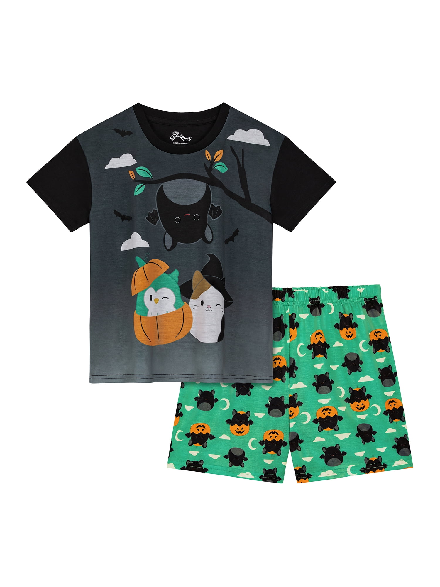 Squishmallows Girls Halloween Short Sleeve Sleep Top and Shorts Pajama Set, 2-Piece, Sizes 4-12