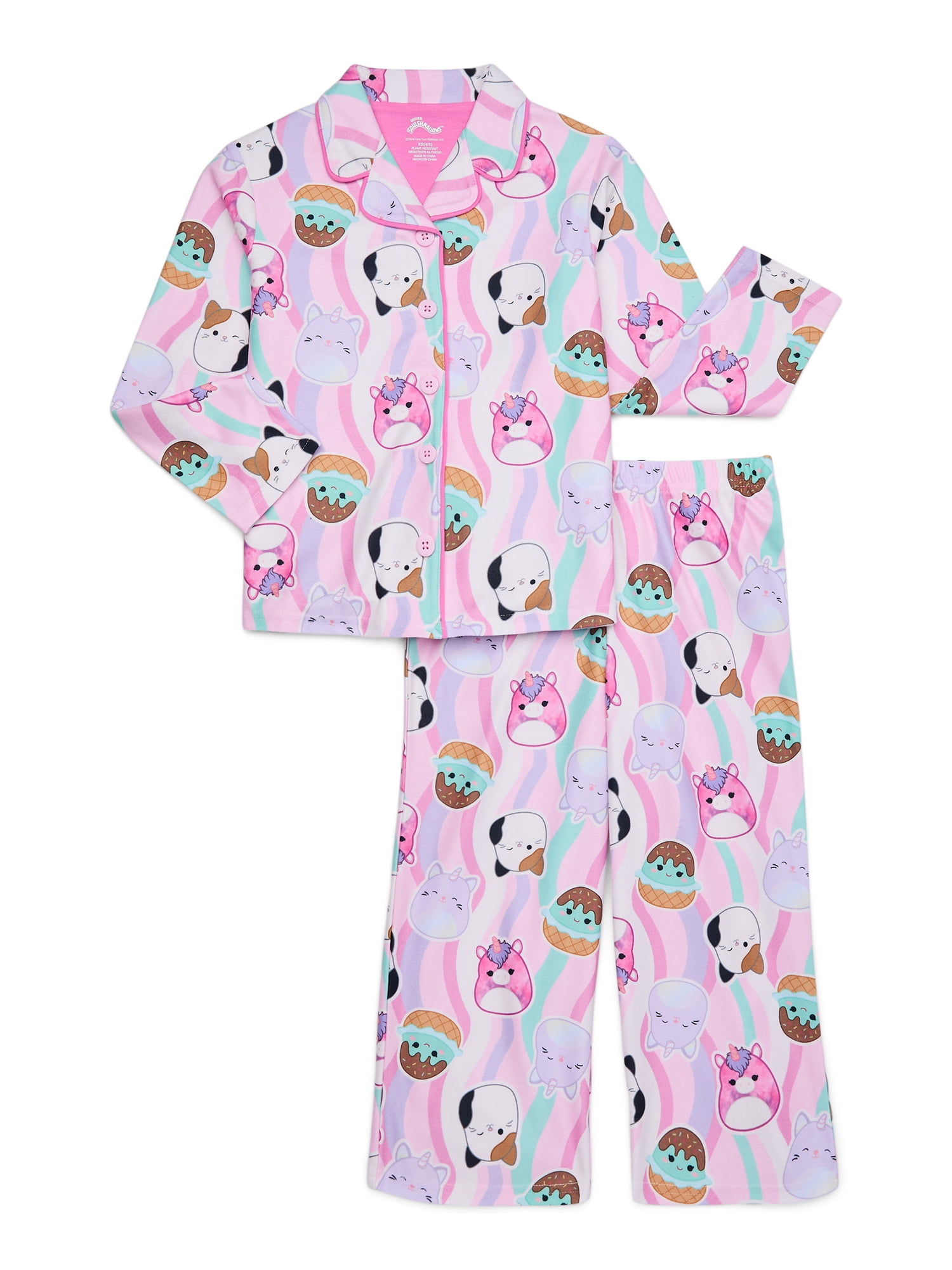 Squishmallows Girls Long-Sleeve Button-Front Top and Pants Pajama Set, 2-Piece, Sizes 4-16