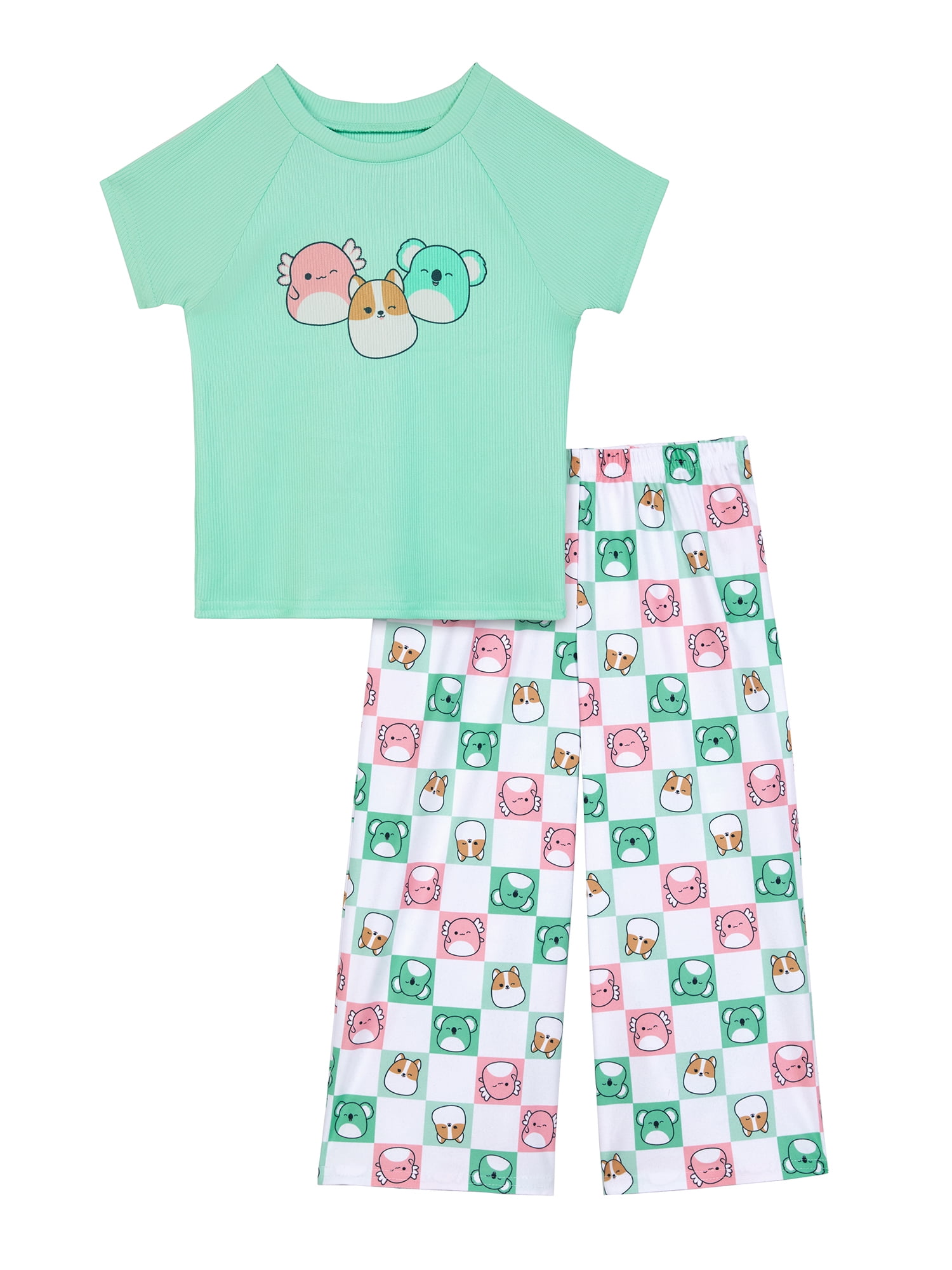 Squishmallows Girls Short Sleeve Snug Fit Sleep Top and Pants Pajama Set, 2-Piece, Sizes 4-10