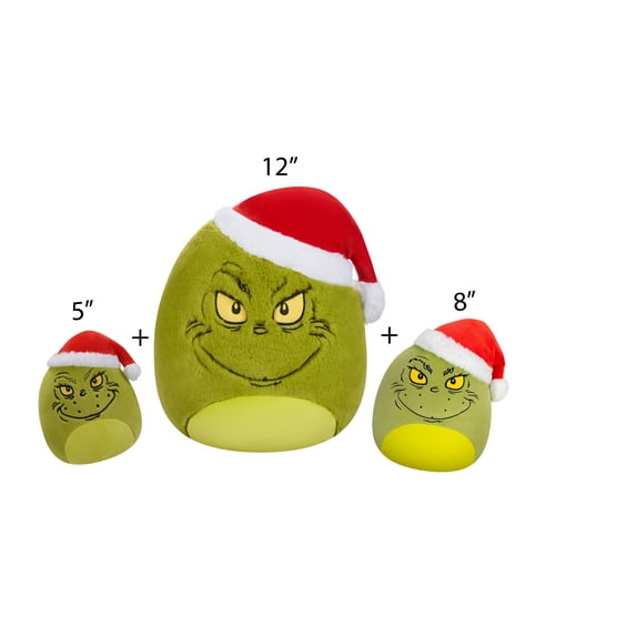 Squishmallows Grinch Santa Hat 5 inch, 8 inch & 12 inch Fuzzamallow 3-Pack Bundle Childs Ultra Soft Stuffed Toy