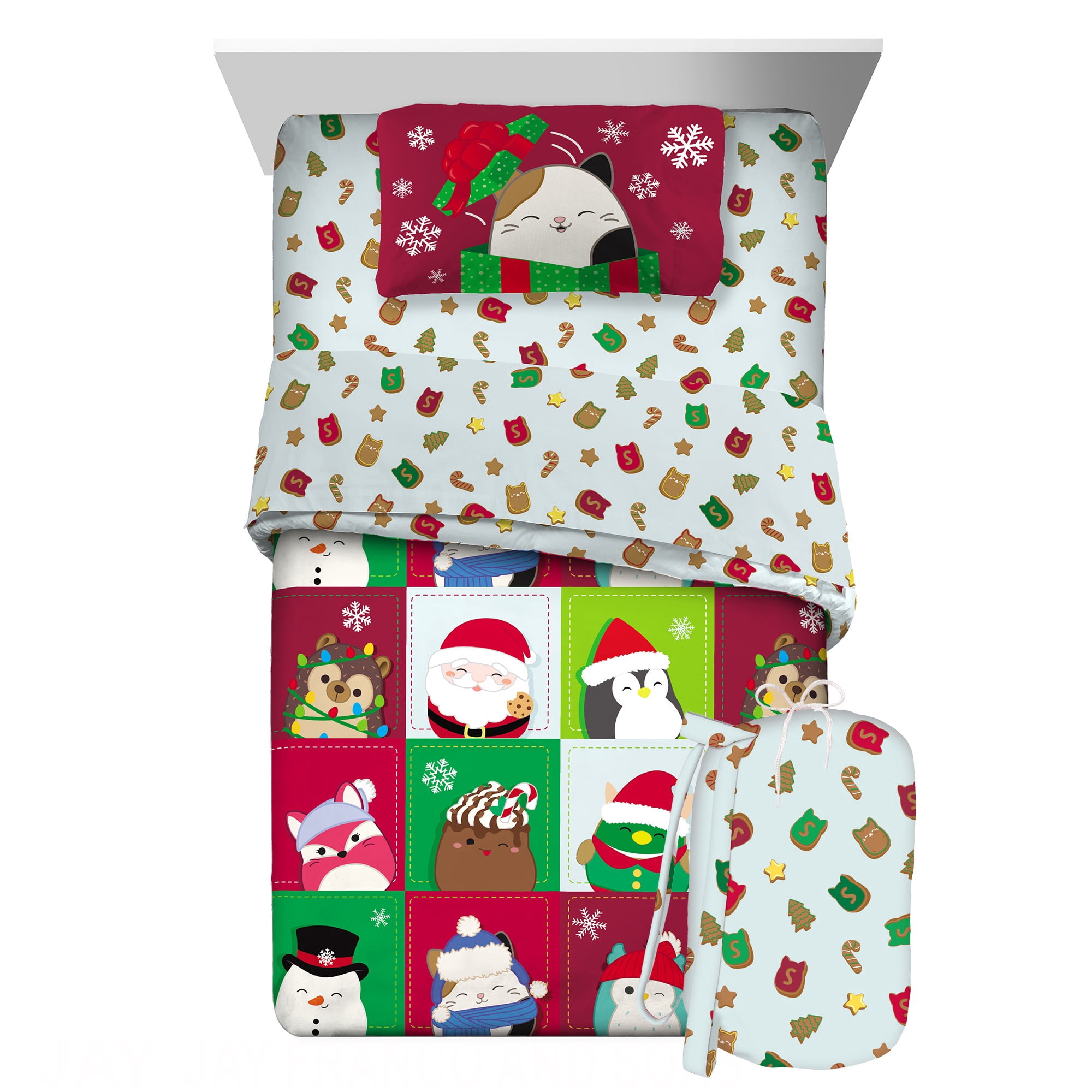 Squishmallows Holiday Kids 6 Piece Reversible Comforter, Pillowcase, Sheet Set, and Backpack, King