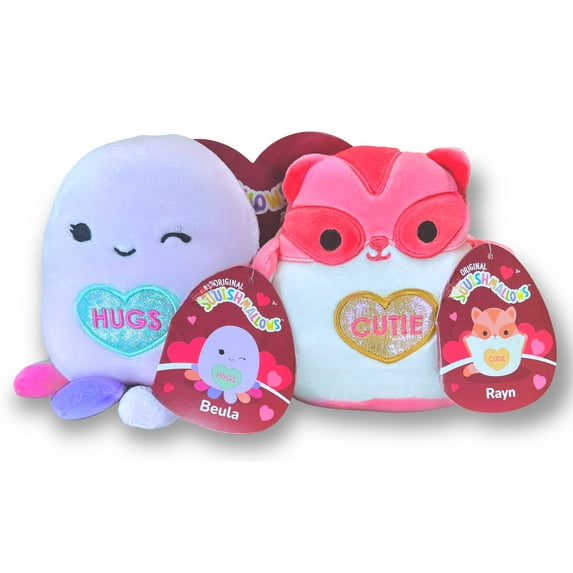 Squishmallows Official Kellytoy Perfect Pair - 5 Inch Purple Beula Octopus �HUGS� and Pink Rayn Sugar Glider �Cutie� Plush - Valentine�s Squad 2023 Set of 2 Stuffed Animal Toy