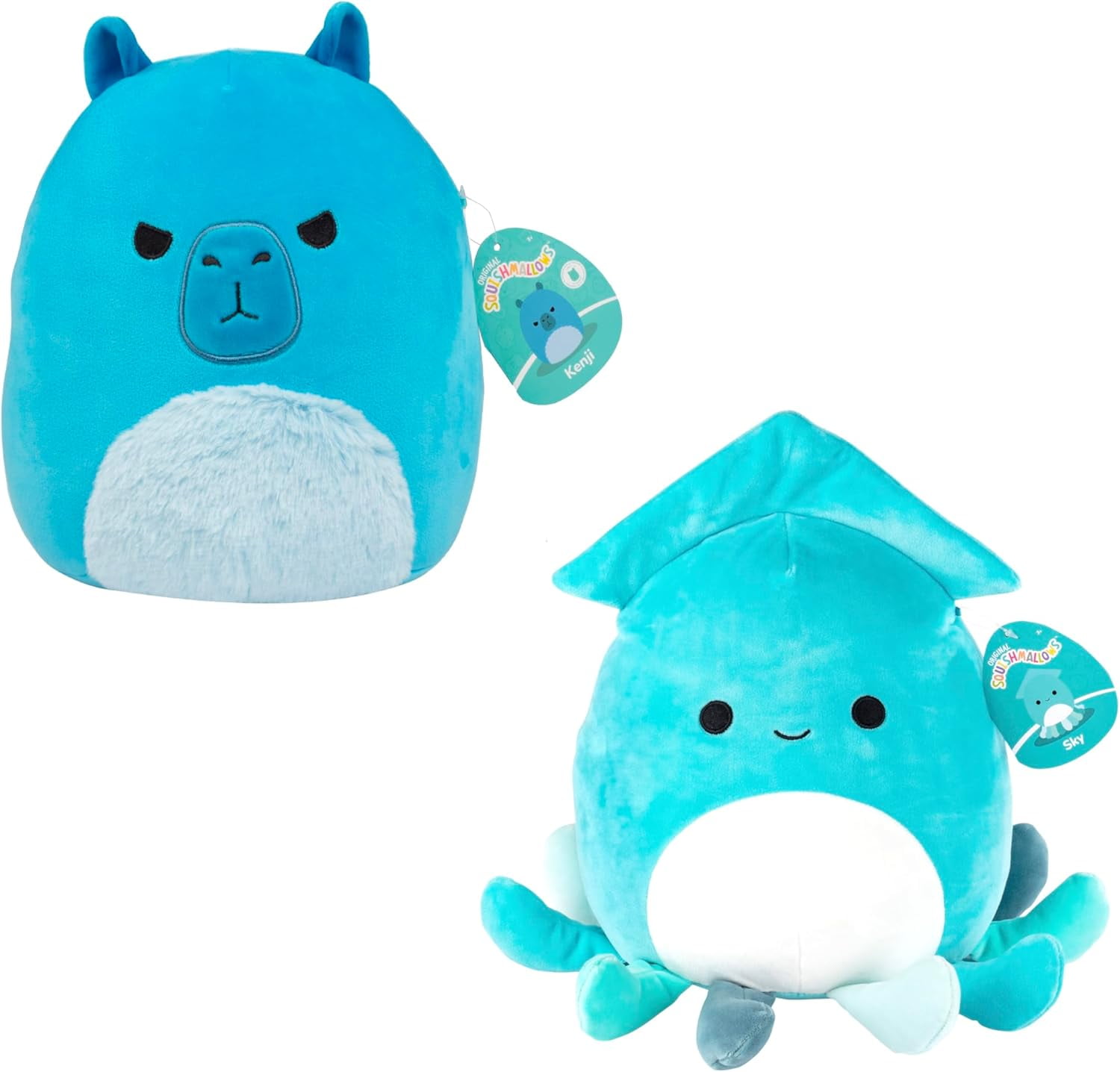 Squishmallows Original 10 Inch Blue 2 Pack- Kenji The Capybara and Sky The Squid- Official Jazwares Plush- Collectible Soft Squishy Stuffed Animal Toy- Gift for Kids, Girls & Boys