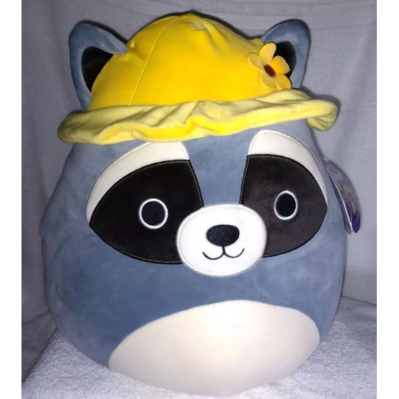 Squishmallows Rocky Grey Raccoon with Yellow Bucket Hat 14" NWT