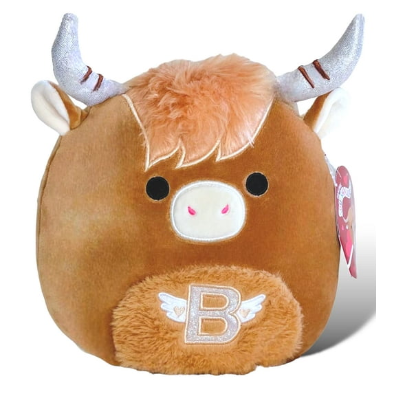 Squishmallows Wilfred Longhorn Cow Brown 8 Inch Plush Monogrammed with Silver Sparkly B On Belly and Pink Nostrils - Valentine�s Squad 2023 Wilderness Bull Stuffed Animal Toy
