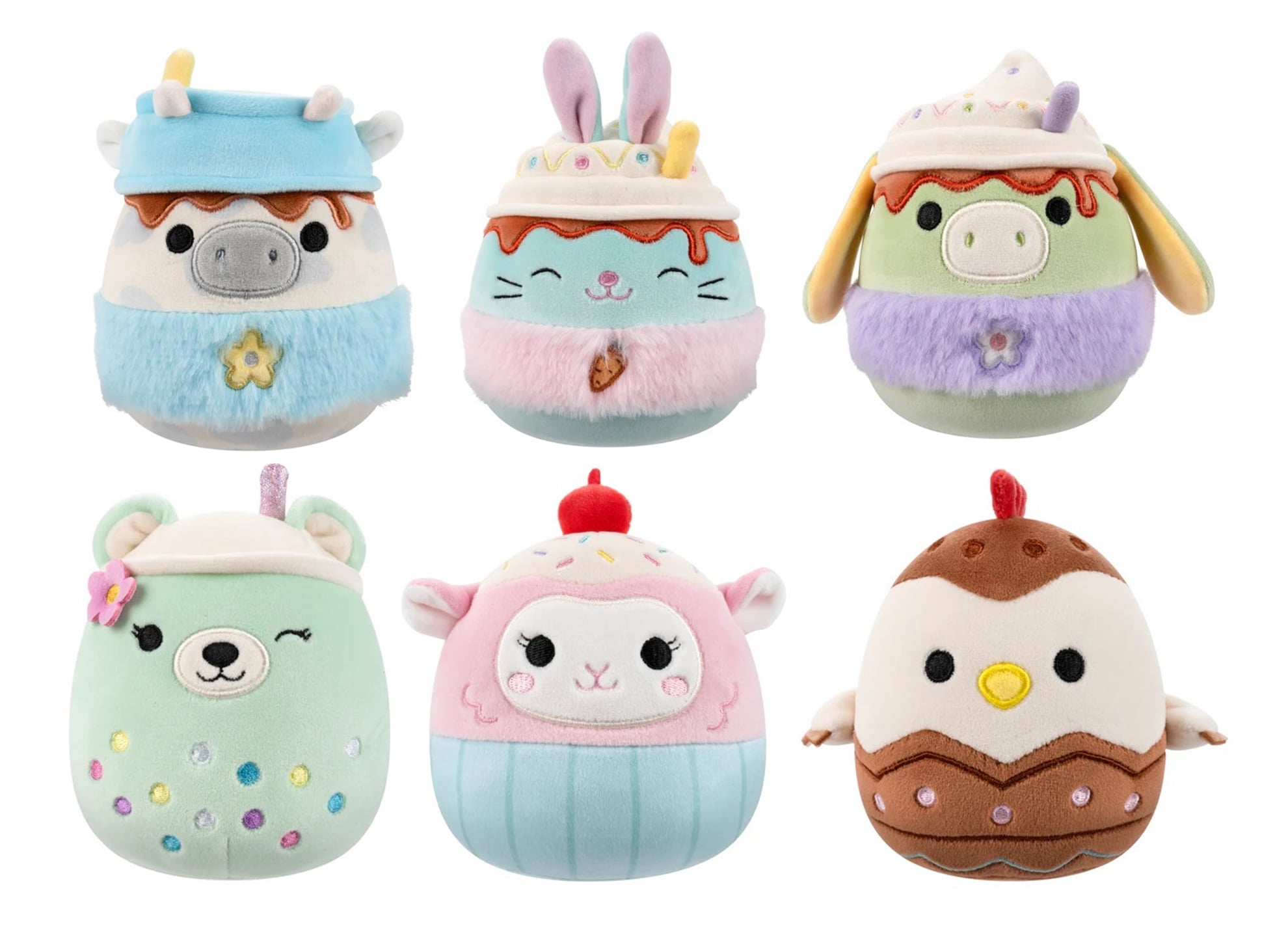 Squishmallows 2025 Easter Squad A - Set of 6 (Latte Cow, Latte Bunny, Latte Donkey, Boba Bear, Cupcake Lamb, Chocolate Egg Chicken)