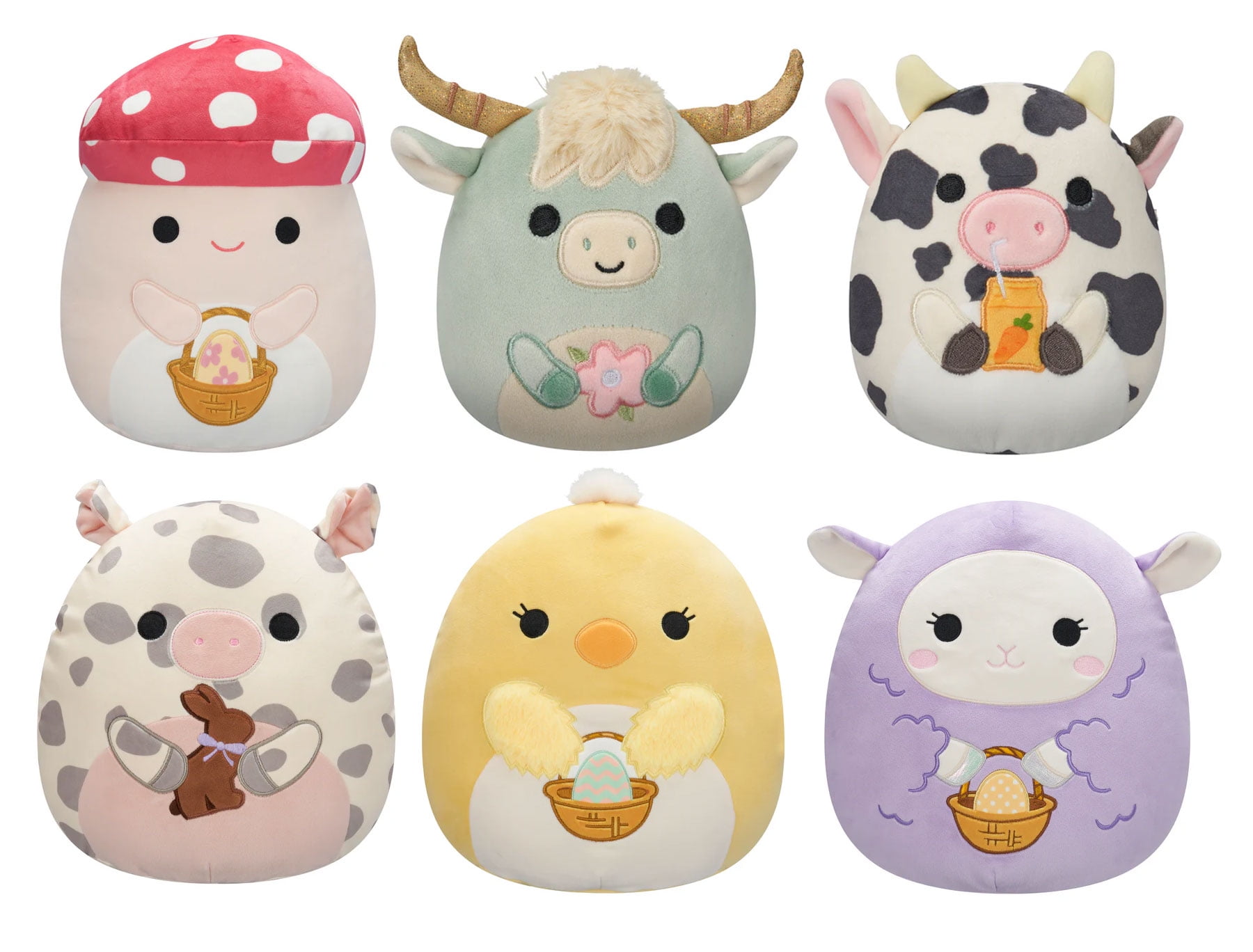 Squishmallows 2025 Easter Squad B - Set of 6 (Malcolm Mushroom, Armie Cow, Colin Cow, Rosie Pig, Aimee Chick, Beatrice Lamb)