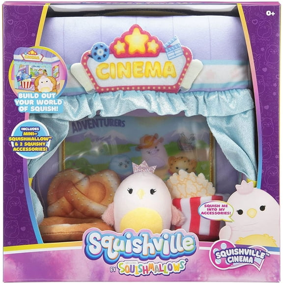 Squishville Mini-Squishmallows Cinema Playset - Includes One 2-Inch Mini Plush, One Pretzel Chair, One Popcorn Bucket - Irresistibly Soft, Colorful Plush