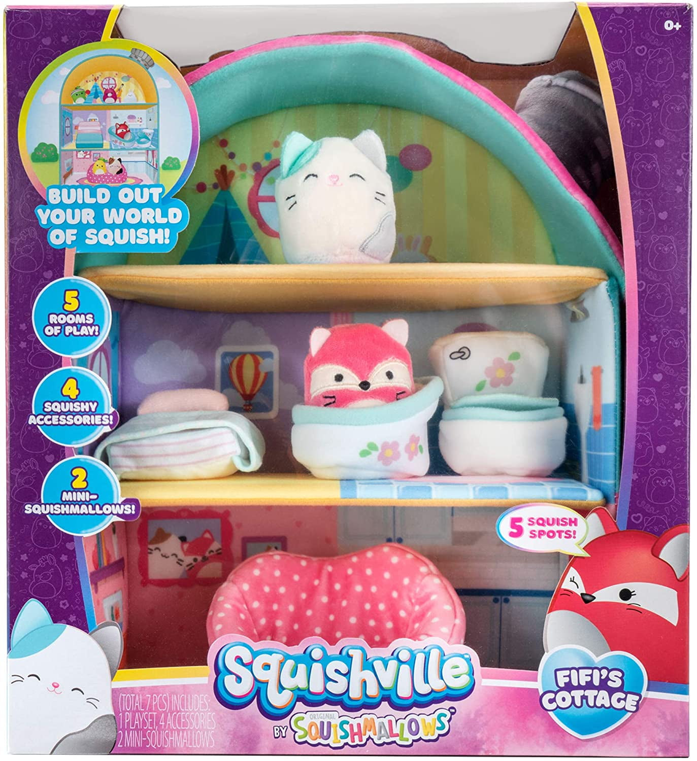 Squishville by Squishmallow Fifi's Cottage Townhouse, 2” Blair and Fifi  Soft Mini-Squishmallow and 4 Plush Furniture Accessories, Irresistibly Soft