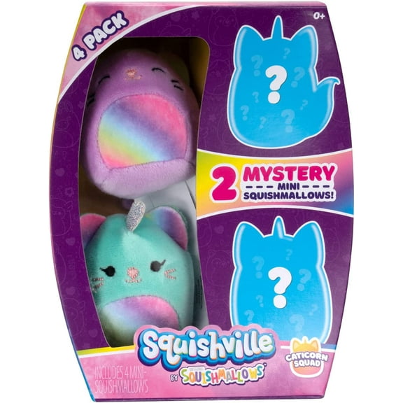Squishville by Squishmallows SQM0078 Mystery Squad, Four 2, Irresistibly Soft Colourful Plush Caticorns, Mini Squishmallows
