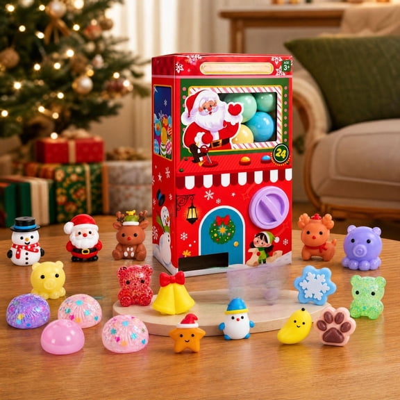 Squishy Advent Calendar with Capsule Vending Machine, 20 Surprise Toys Inside, Interactive Christmas Countdown Gift for Kids