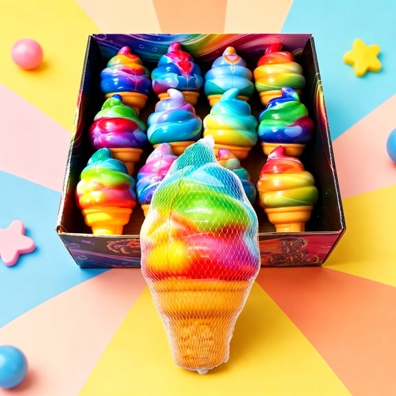 Squishy Box Set 12 Pack Rainbow Swirl Ice Cream Cone Squeeze Accessory Jelly Filled Elastic Fidget for Fun Sensory Fidget and Daily Anxiety Relief During Indoor Leisure and Casual Rest Downtime