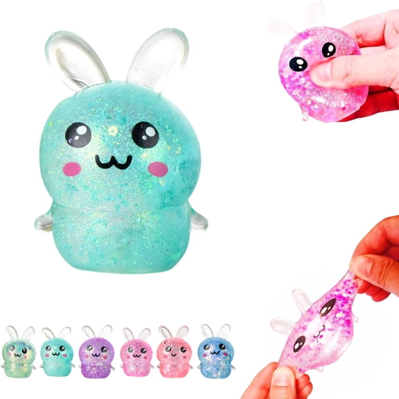 Squishy Bunny Sugar Stress Balls, Bunny Sugar Ball Fidget Toys, Glitter Rabbit Squishy Toys for Adults, Kawaii Rabbit Sensory Squishies, Easter Basket Stuffers (Cyan)
