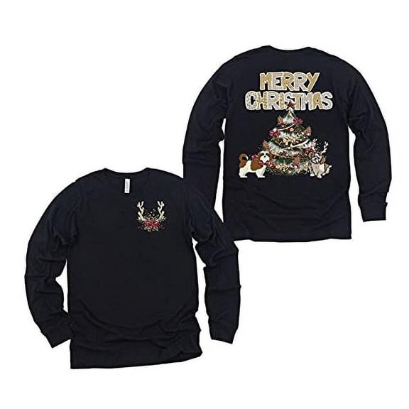 Squishy Faces Merry Christmas Tee Shirts Letter Print Long Sleeve Dog Tree Lights Unisex T-Shirt - XL