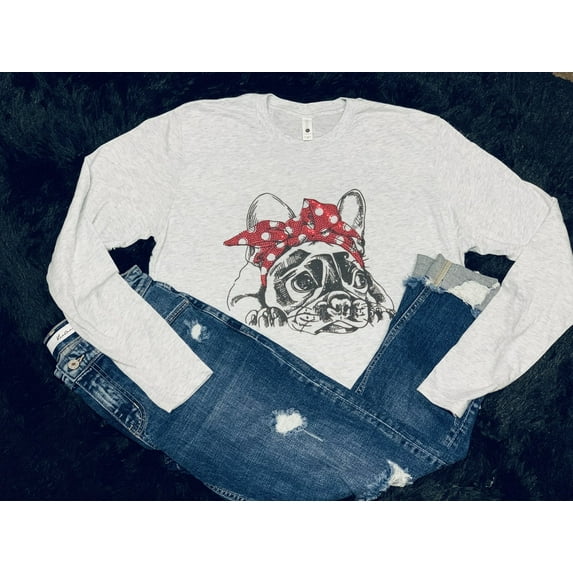 Squishy Faces Red Bow Frenchie Long Sleeve Shirt - Small