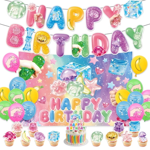 Squishy Fidget Themed Happy Birthday Party Decorations Kit, Complete Party Supplies with Banner, Backdrop, Balloons, Cupcake Toppers for Birthday Celebration