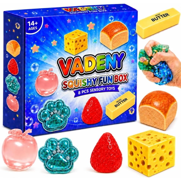 Squishy Fun Box 8 Pieces Squishy Pack Cheese Food Squishies Set Slow Rising Butter Strawberry Apple Bread Cat Paw Squishy Toys Squeeze Stress Balls for Adults