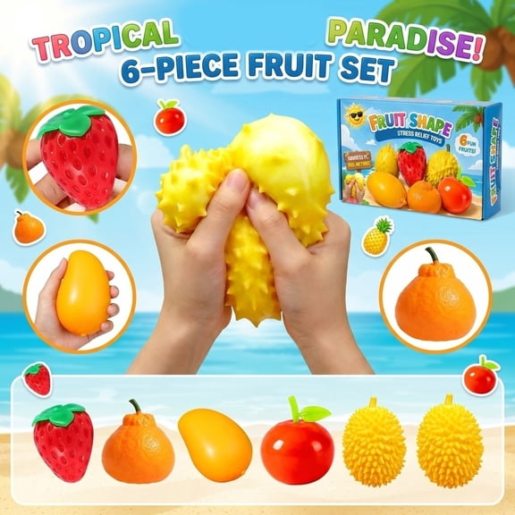 Squishy Fun Box Set Fruit Durian,Strawberry, Orange, Mango, Apple Soft Squishys Slow Rising Stress Ball for Anxiety Stress Party Favors