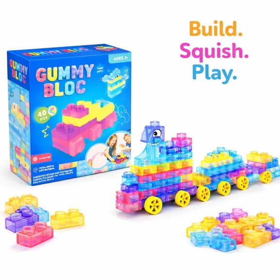 Squishy Jelly Building Blocks 40PCS Soft Translucent Sensory Bricks, Flexible Snap Together Construction Toy, Creative STEM Learning Blocks for Kids