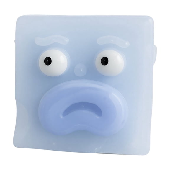 Squishy Squeeze Cheese Cube Toy for Adults, Blue Transparent Block Funny Face Soft Stress Relief Fidget, Kawaii Desk Gift, Relaxing Sensory Gift for Desk Decor