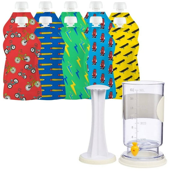 Squooshi Filling Station Baby Food Pouch Maker/Filler + 10 Large 5 oz Robots/Bikes Pouches for semi-Solid Foods