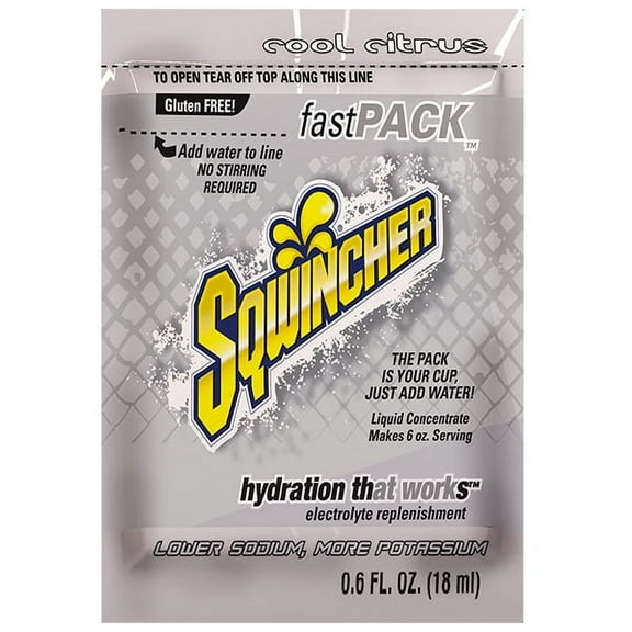 Sqwincher FastPack Single Serve, 0.6 oz Packs, 6 oz Yield, Cool Citrus, 4 Boxes/50 Each
