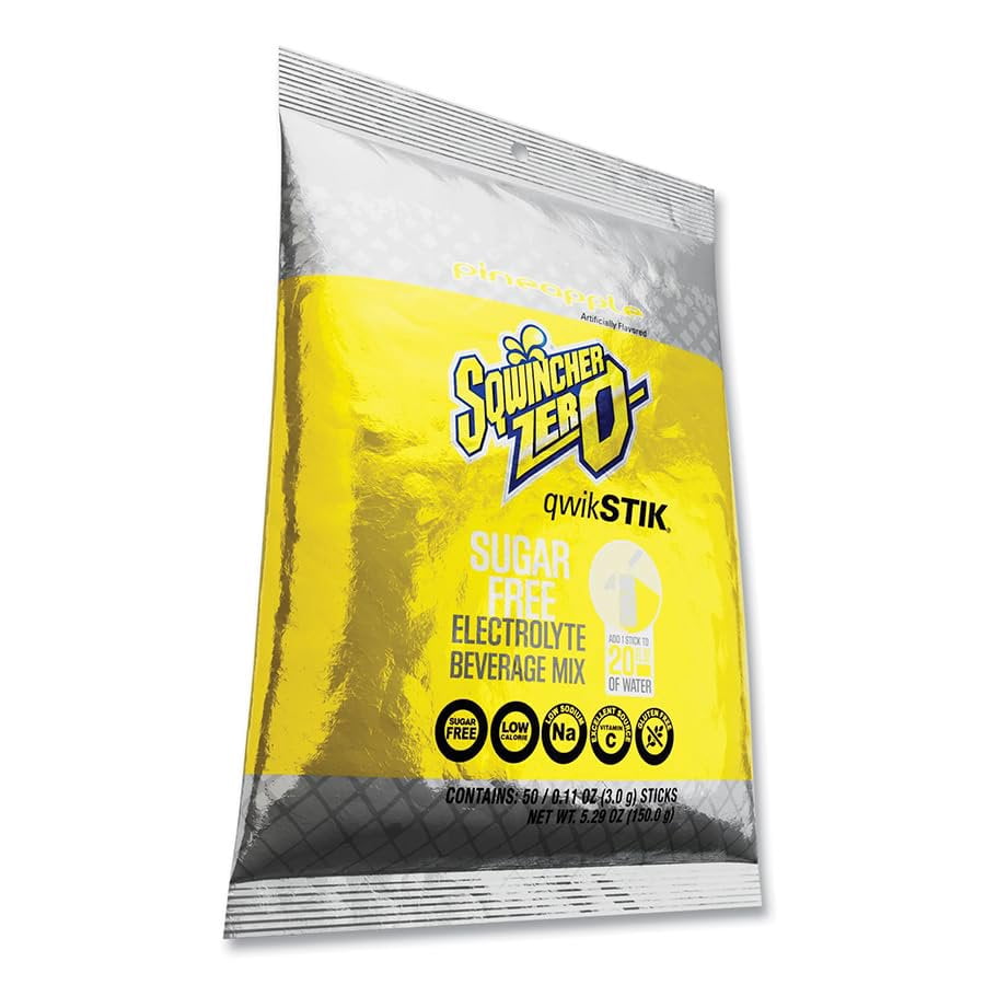 Sqwincher Zero Electrolyte Powder Packets Qwik Stik  Sugar Free Drink Mix, Pineapple, 0.11 oz, Makes 20 oz, 50 Sticks per Pack
