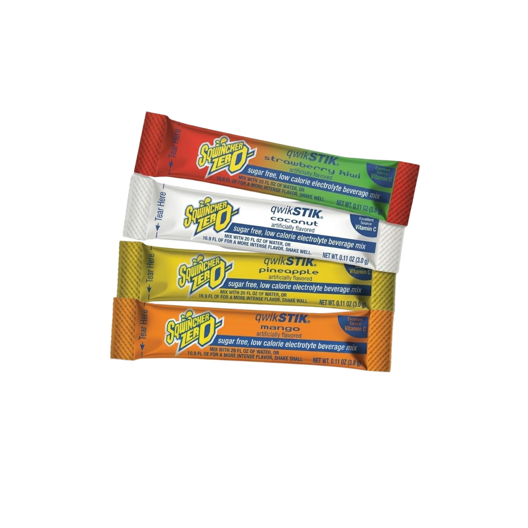 Sqwincher Zero Qwik Stik Electrolyte Powder Packets  Sugar Free Drink Mix, 4 Flavor Variety Coconut, Mango, Pineapple, Strawberry Kiwi, 0.11 oz, Makes 20 oz, 200 Count Pack