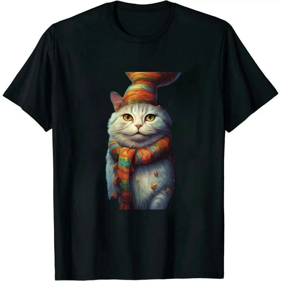Srcnhim Men's Vintage Gorgeous Christmas Scarf Cat Graphic Shirt Short Sleeve Sweet Companionship T-Shirts