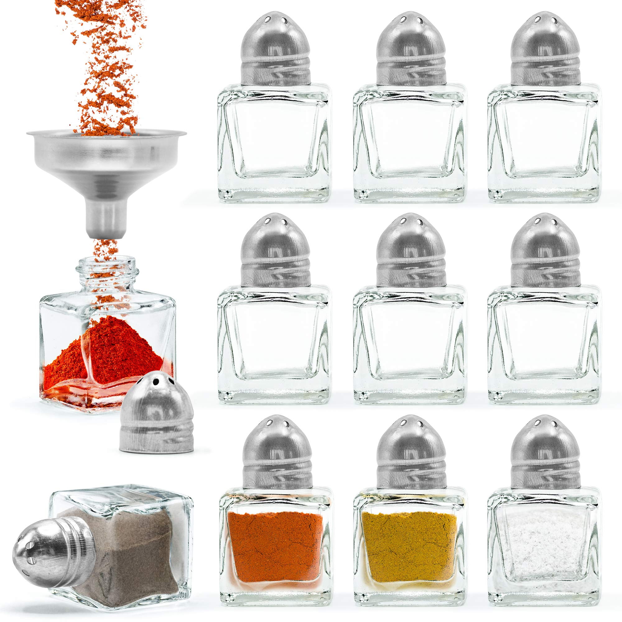 Uiifan 50-Pack Mini Glass Salt & Pepper Shakers With Gold Tops, Tags & Funnels (0.5 Oz, Square)