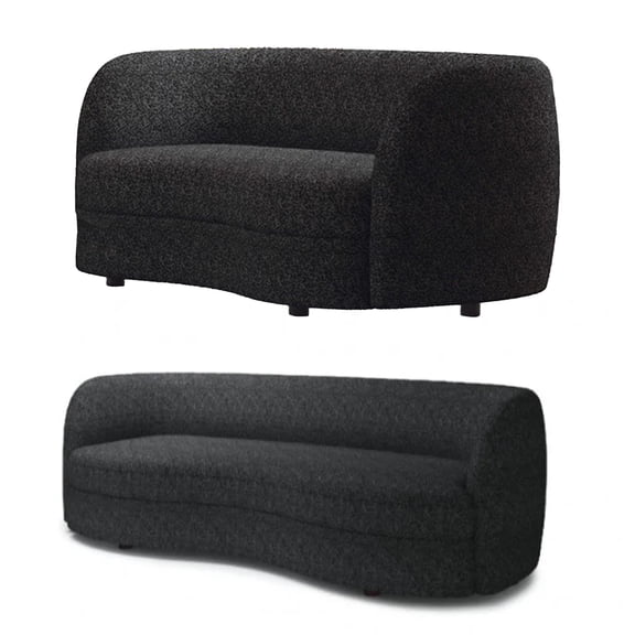 Srey 2pc Sofa and Loveseat Set, Black Boucle, Curved Kidney Shape