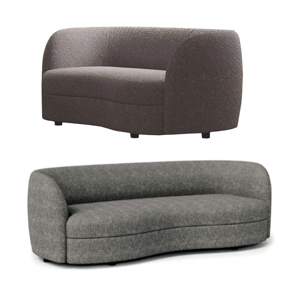 Srey 2pc Sofa and Loveseat Set- Gray Boucle- Curved Kidney Shape