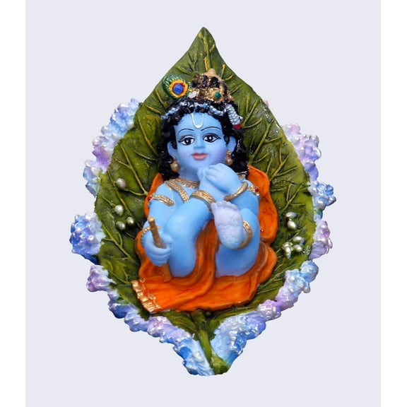 Sri Krishna Culture-Baby Krishna Murti Baal Gopal On Petal Leaf Floating-(4"x5"x2.5")-Resin-Multicolour