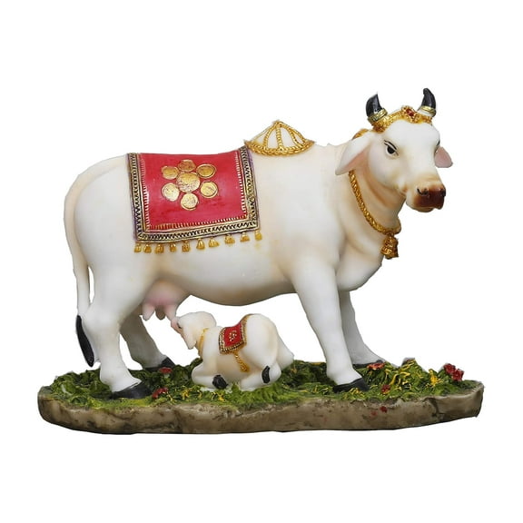Sri Krishna Culture Big Cow and Calf Standing-Height-8.5 Inches-Resin-Multicolour