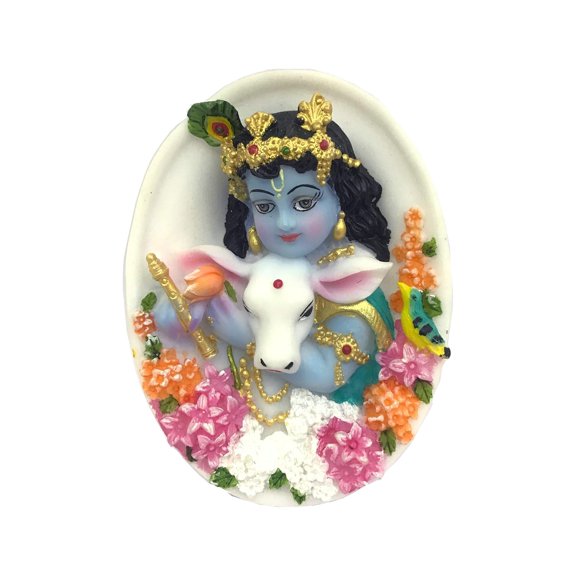 Sri Krishna Culture- Hand Crafted Oval Shape- Krishna & Cow -Hindu God and Goddess Idol- Wall Hanging + Stand-Polyster Resin-Multicolour-Showpieces for Gifting and Home Decor