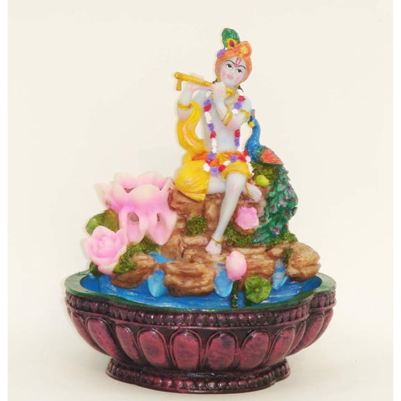 Sri Krishna Culture-Krishna with Flute Water Fountain with Light Effects-Hindu God and Goddess Idol/Statue/Murti/Figurine(7"x7"x9")