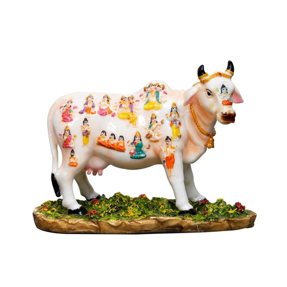 Sri Krishna Culture Large Sacred Kamdhenu Cow Length-13 Inches-Resin-Multicolour