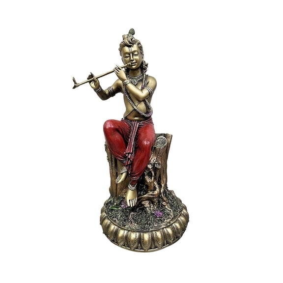 Sri Krishna Culture New Big Krishna Sitting On Tree Trunk Playing Flute-Antique Finish,Height-20 Inches,God Idols/Statue/Figuirnes,Material-Resin,