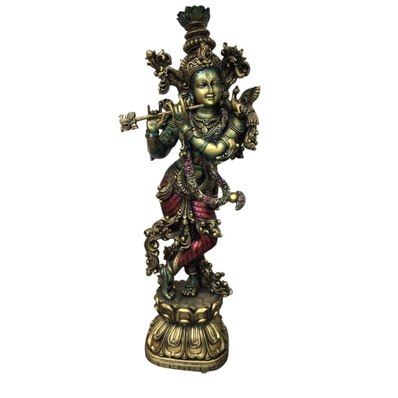 Sri Krishna Culture Very Large Standing Carved 4D Krishna Murti Playing Flute-2.5 Feet-Metallic Finish
