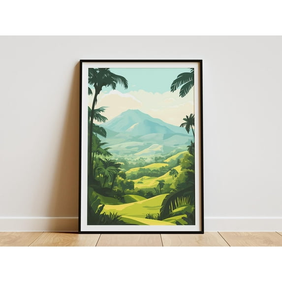 Sri Lanka Central Highlands Poster Tropical Landscape Print Green Mountains Art Palm Trees Illustration Nature Wall Decor Botanical