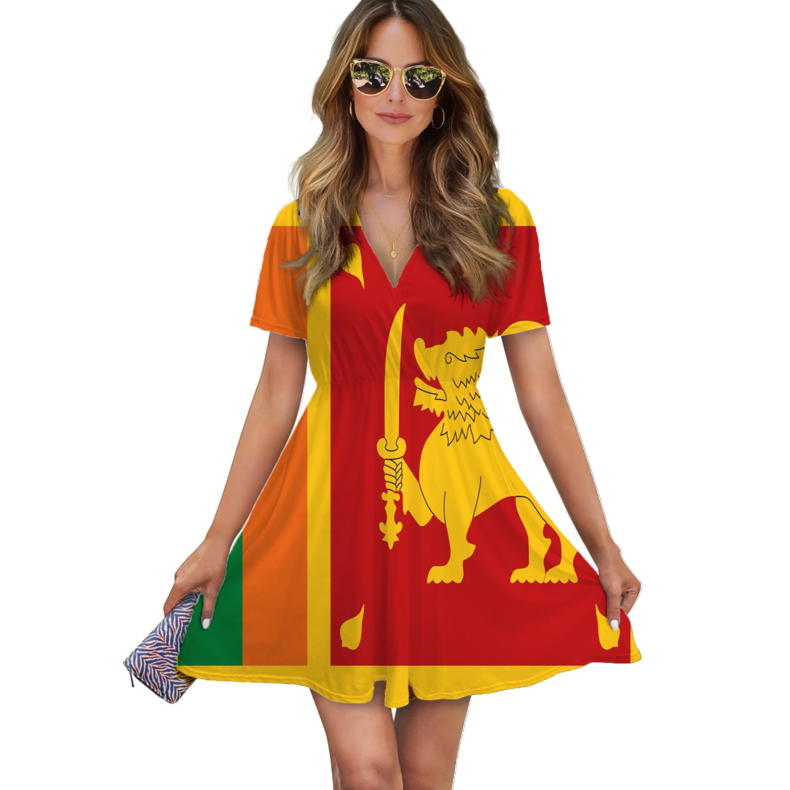 sri lanka ladies dress Flag Women V-Neck Short Sleeve Flowy Swing Party Midi Dress dark midi dress