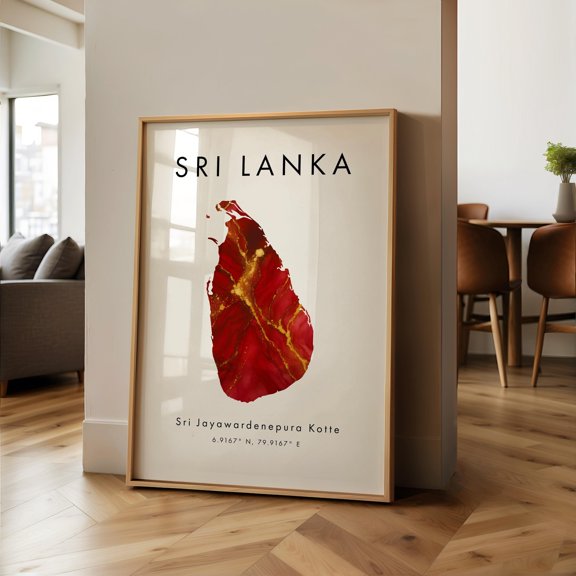 Sri Lanka Map PRINTED Poster Red and Gold Asia Wall Art Print Home Decor Geography Map Gift Wallpaper