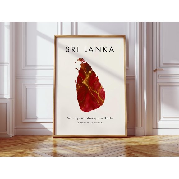 Sri Lanka Map Poster Red and Gold Asia Wall Art Print Home Decor Geography Map Gift Wallpaper
