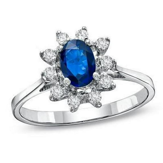 Sri Lanka Sapphire & Oval & Round Diamonds 2.50 CT Ring, 14K White Gold - Size 6.5