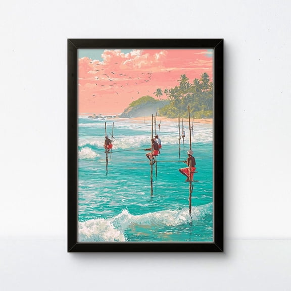 Sri Lanka Stilt Fishermen Poster – Indian Ocean Coastal Wall Art Unframed Paper Print