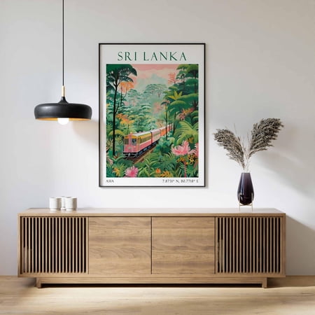 Sri Lanka Train Travel Poster With Tropical Island Landscape
